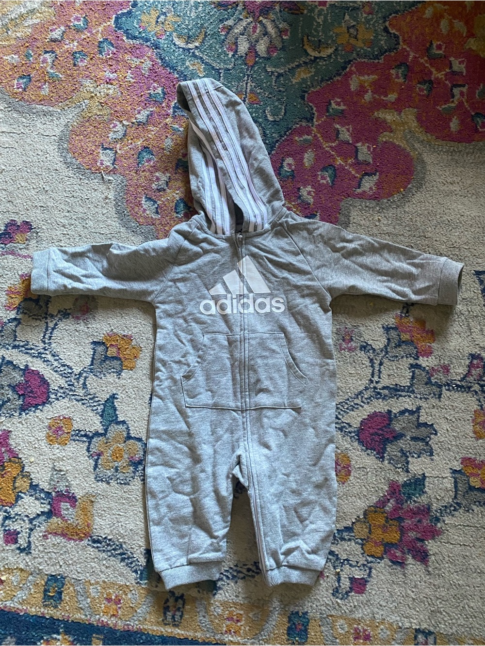 Adidas baby grey zipper hooded jumpsuit size 9 months